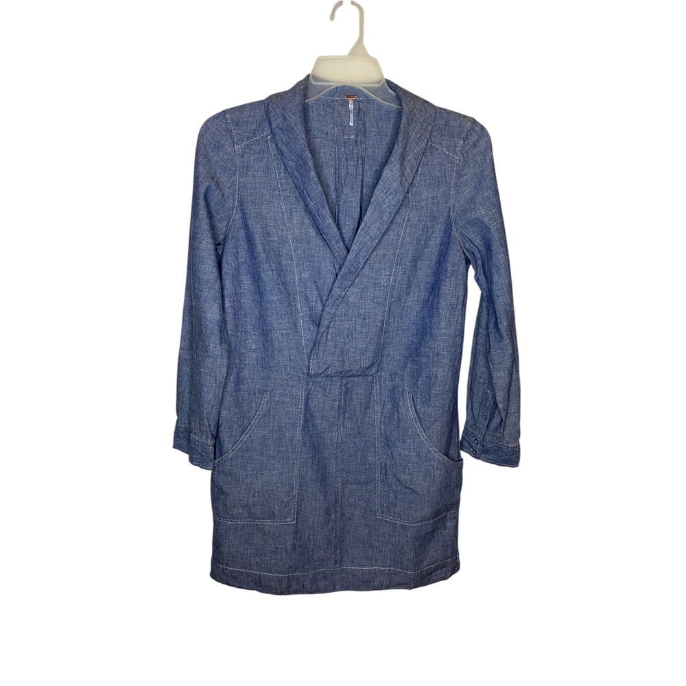 Free People Blue Linen Cotton Chambray Cross Body Pullover Mini Dress Small